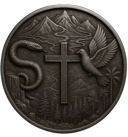 Escudo del Reino Oscuro con cruz, serpiente, paloma y montañas