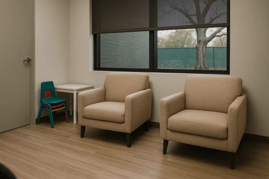 Sala de espera en un consultorio psicológico, con dos sillas beige y sillas infantiles al fondo.