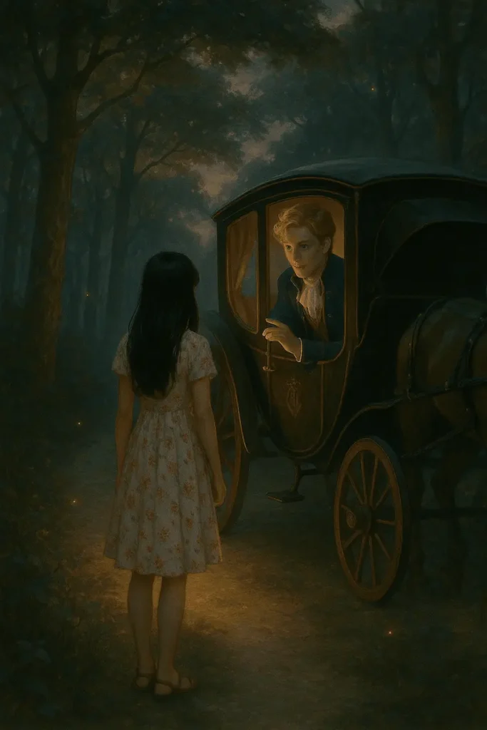 Niña con vestido floral frente a un hombre en una carroza antigua en medio de un bosque oscuro.