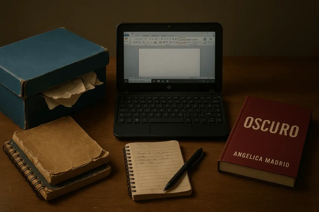 Mesa de trabajo con cuadernos viejos, laptop, libreta con notas y el libro "Oscuro" de Angélica Madrid.