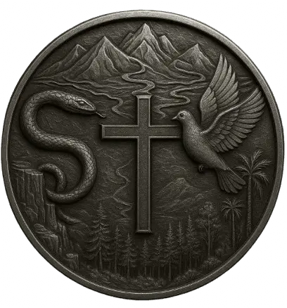 Escudo del Reino Oscuro con cruz, serpiente, paloma y montañas