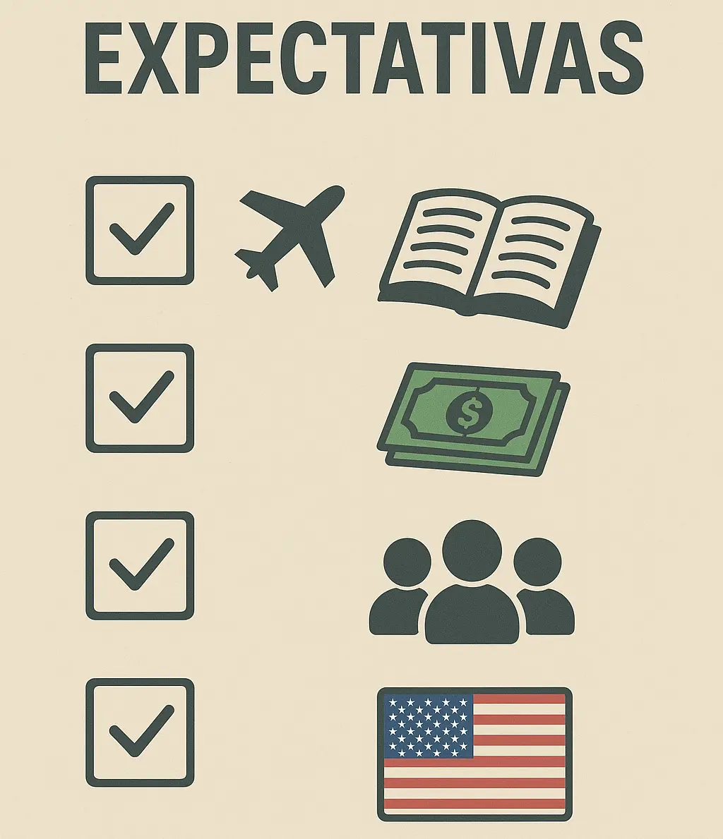 Infografía sobre expectativas de ser au pair en Estados Unidos: viajes, estudios, dinero, nuevas amistades y vida cultural.