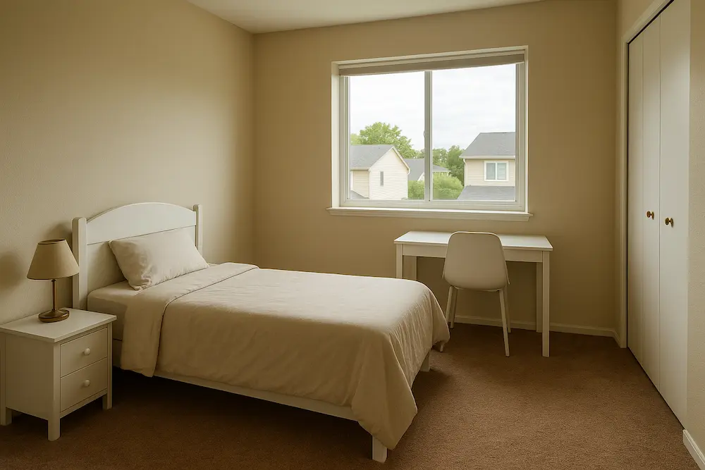 Habitación sencilla asignada a una au pair en Estados Unidos con cama individual, escritorio y armario
