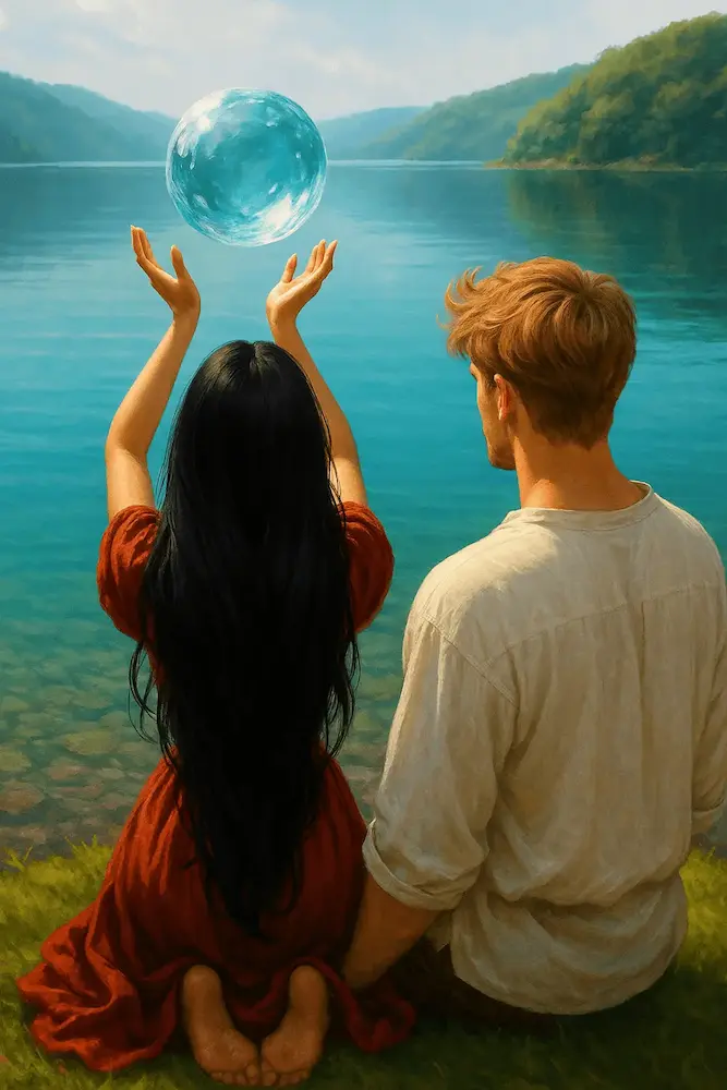 Luciana muestra sus poderes mágicos a Nicolás junto a un lago cristalino, escena de la novela de fantasía y romance “Crónicas del Reino Oscuro” de Angélica Madrid.
