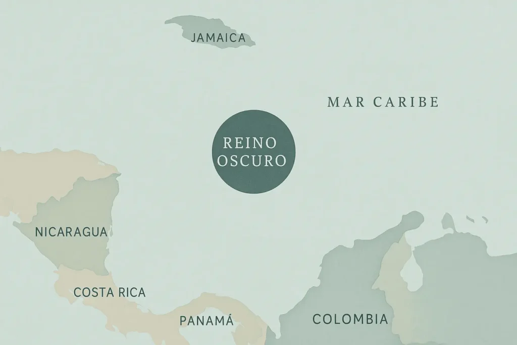 Mapa del Reino Oscuro ubicado en el mar Caribe entre Colombia, Panamá y Jamaica