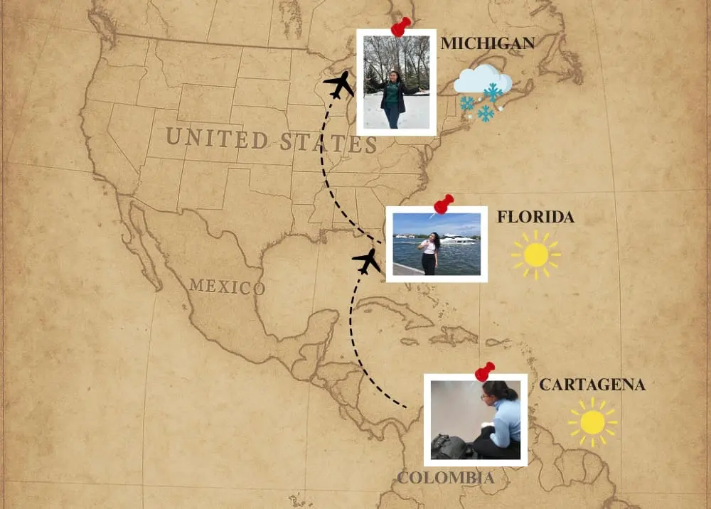 Mapa con recorrido desde Cartagena a Florida y Michigan, ilustrando la experiencia como au pair de Angélica Madrid.
