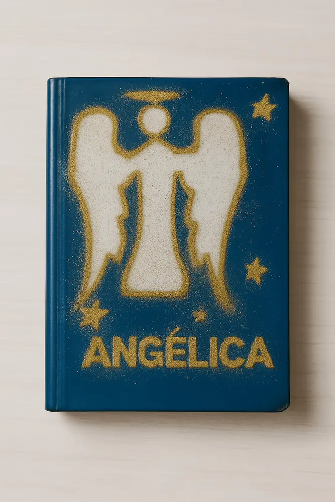 Portada artesanal de cuaderno azul con figura dorada de un ángel y el nombre Angélica, representando la primera historia de fantasía “Entre ángeles y demonios”.