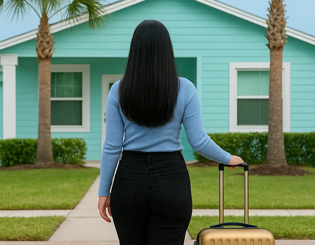 Joven au pair llegando a una casa en Estados Unidos con maleta, simbolizando expectativas y realidad del programa.