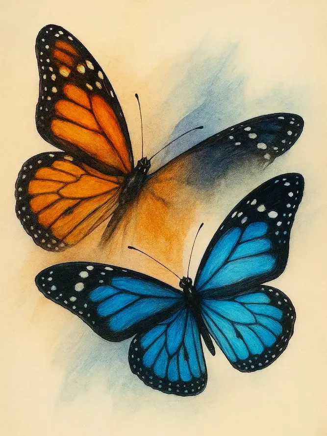 Ilustración de una mariposa monarca azul junto a una mariposa monarca real naranja y negra.