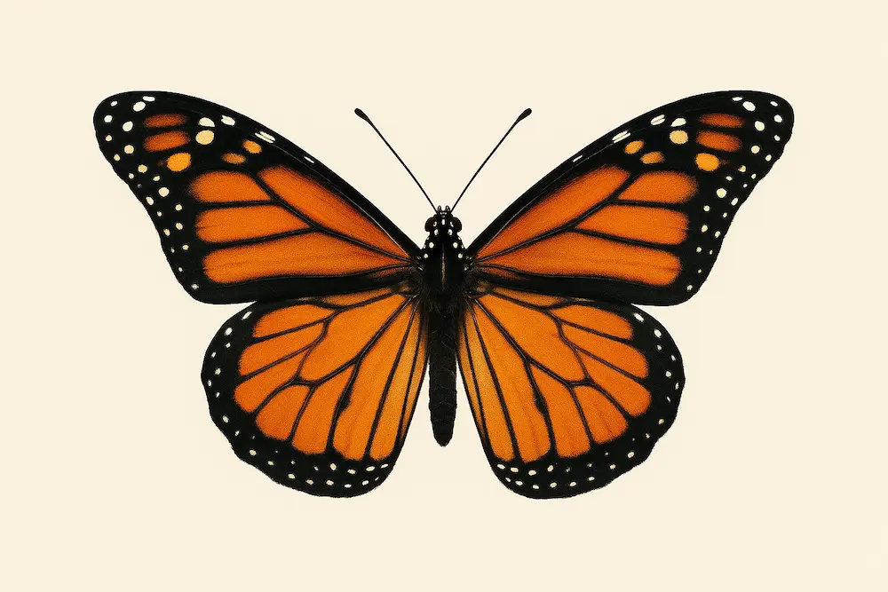 Mariposa monarca real de color naranja y negro, símbolo de transformación y migración.
