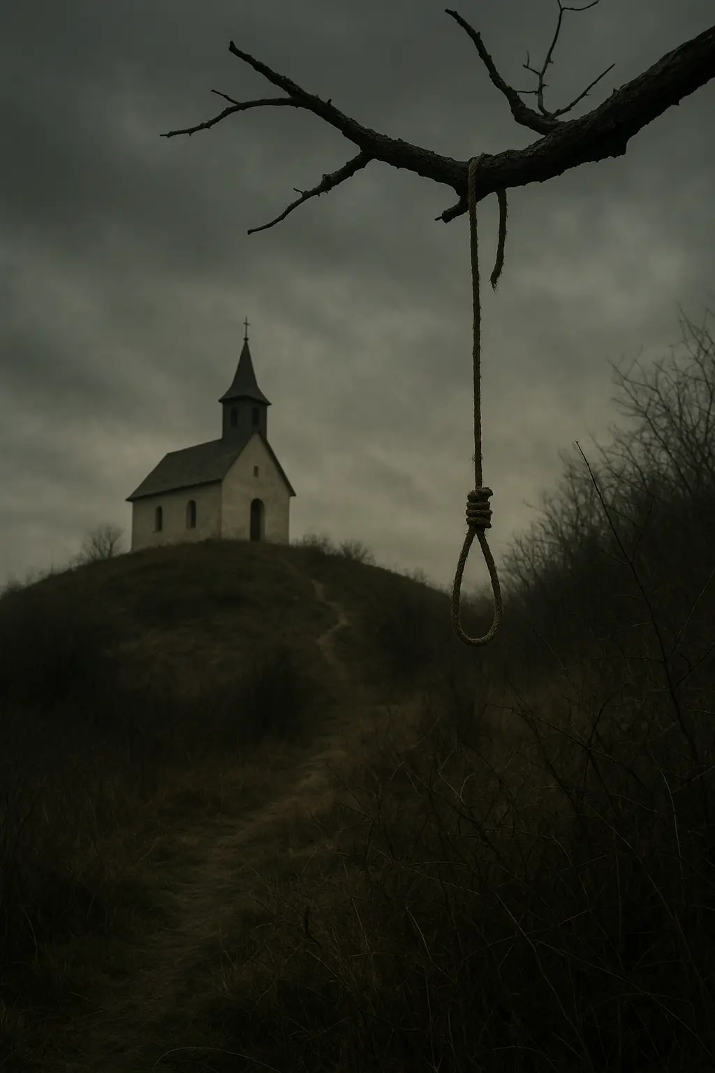 Iglesia solitaria en la cima de una colina con una cuerda rota colgando de una rama en primer plano, atmósfera inquietante.