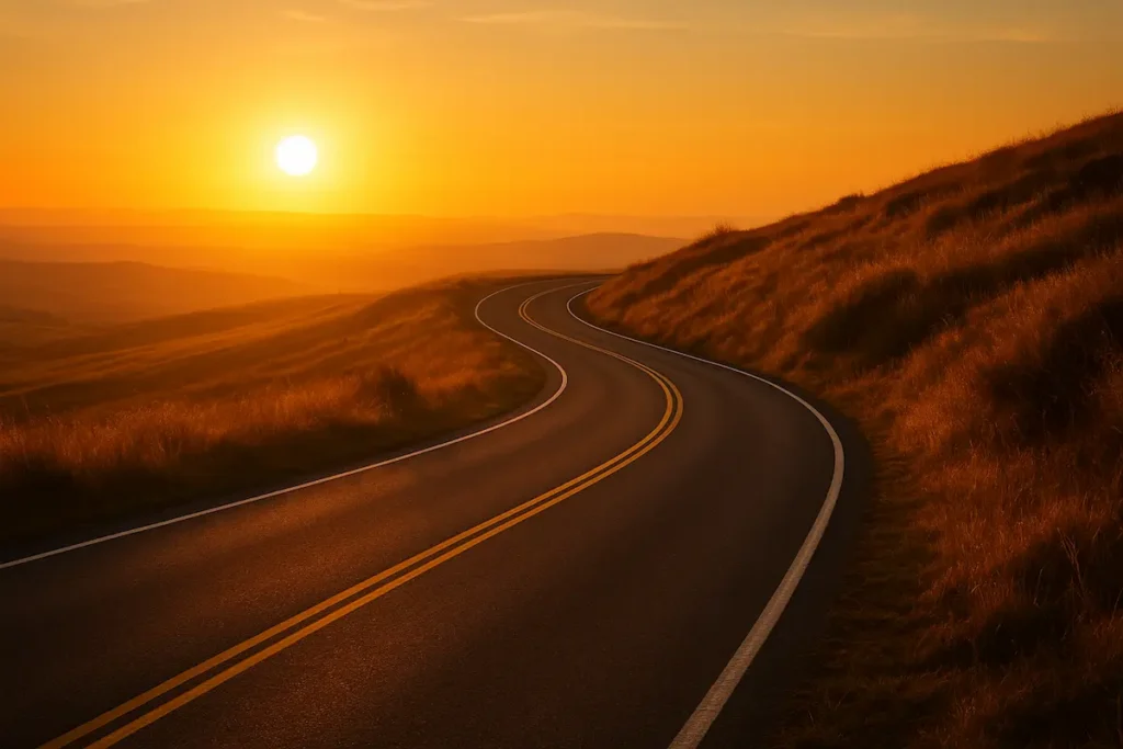 Camino laboral no lineal al atardecer Carretera curva iluminada por la luz suave del atardecer, simbolizando un camino laboral no lineal y el crecimiento personal.