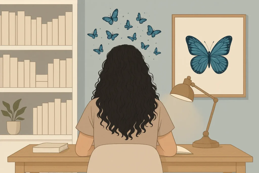 Ilustración de una escritora de espaldas sentada en un escritorio, con cabello rizado largo y pequeñas mariposas azules que simbolizan ideas creativas saliendo de su cabeza.