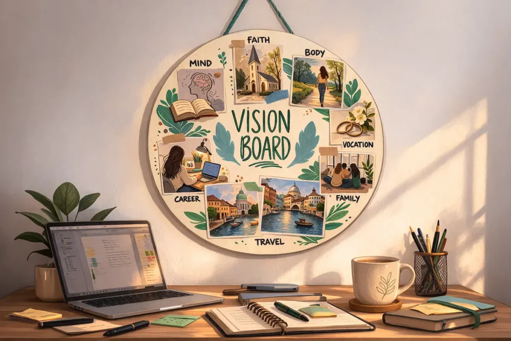 Ilustración de vision board redondo con metas de fe, carrera, familia y viajes sobre un escritorio, representando propósitos de Año Nuevo y crecimiento personal.