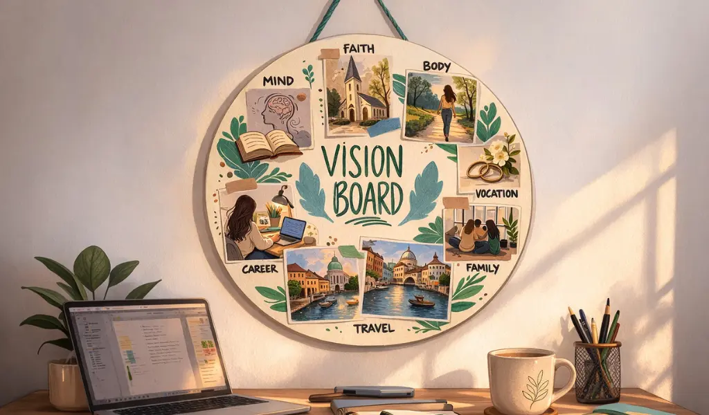 Ilustración de vision board redondo con metas de fe, carrera, familia y viajes sobre un escritorio, representando propósitos de Año Nuevo y crecimiento personal.
