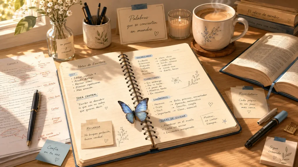 Libreta de escritura abierta con listas de vocabulario, notas para una novela, correcciones editoriales y una mariposa azul sobre un escritorio.